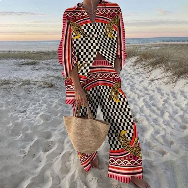 Women Printed Longsleeved Shirt Wideleg Pants Twopiece Set Womens Beach Vacation Suit Fashionable 260515