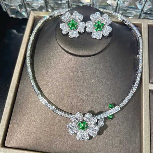 Vintage Flower Lab Diamond Jewelry set 14K White Gold Party Wedding Earrings Necklace For Women Bridal Anniversary Jewelry Gift X260516