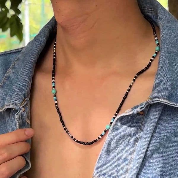Synthetic Turquoise Necklaces for Men BoysMini Black Beaded NecklacesSummer Beach Male Jewelry X260516