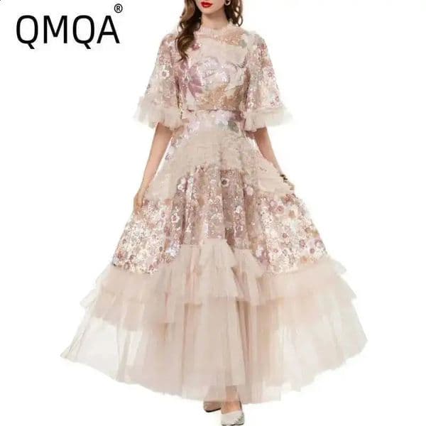 QMQA Fashion Womens Elegant Dress Embroidery Sequin Flare Sleeve Ruffle Puff Cake Dresses Summer Female Clothing QM648 260515