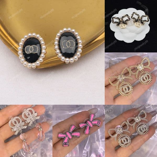 Bowknot with Crystal Letter Stud Geometric Famous Women Diamond Pearl Copper Designer Earring Luxury Wedding Party Jewelry Dazzling Earrings