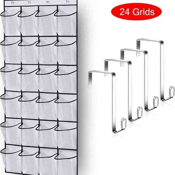 Over The Organizer 12/14/24/28/35/40 Pockets Mesh Hanging Shoe Rack with Hooks for Closet Door Storage, Black/White/Gr 26W0516