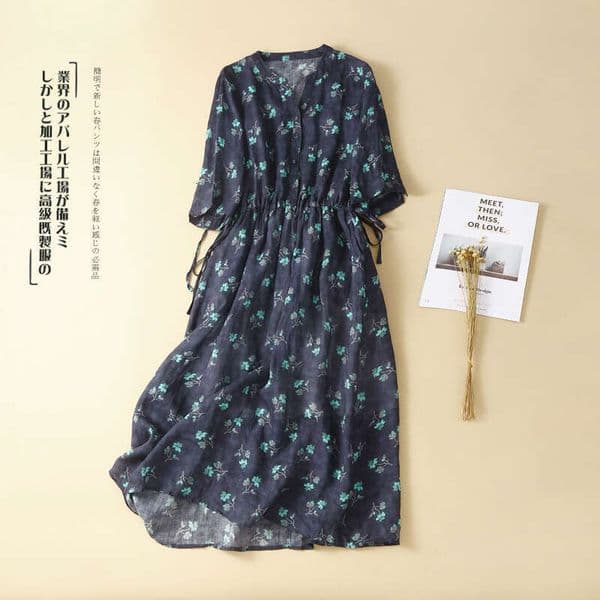 Lace tie ramie V-neck seven quarter sleeve cotton linen women clothing new summer fashion waist slimming art floral long skirt short sleeved dress retro minimalist