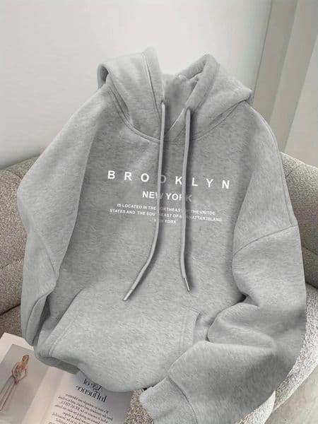 Mens autumn and winter fashionable casual loose Brooklyn graphic print fleece pullover long sleeved hooded sweatshirt 260515