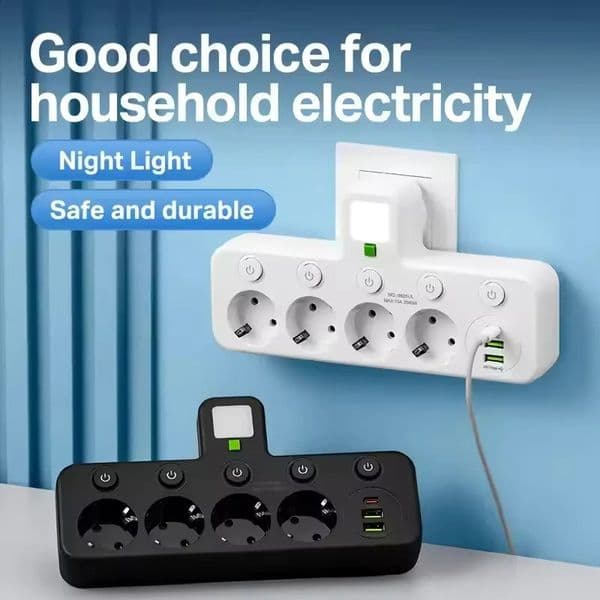 EU Plug Power Strip 4 AC Outlets 2 USB 1 Type-C Ports Two specifications Independent switch with small night light 260511