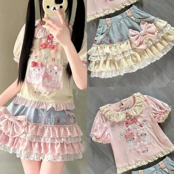 Lolita Print Tops Bow Cake Blouse Y2K JK Lolita Japan Kawaii Girl Cute Sweet Lace T-shirt A-line Spliced Cake Skirt Chic 260507
