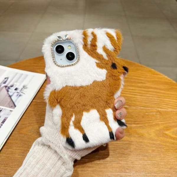 3D Deer Plush Phone Case, Bling Diamond Camera Shockproof Cover