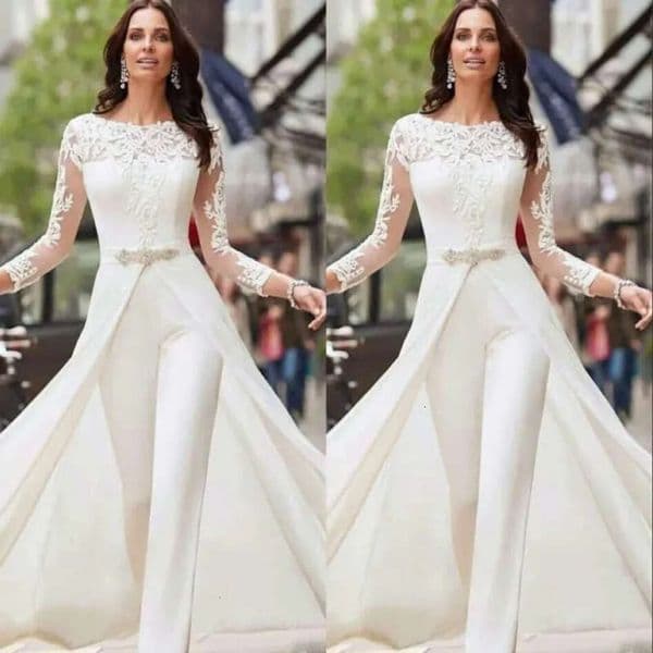 White Bridal Jumpsuit Lace Satin, 3/4 Sleeve Square Neck, Chapel Train Overskirt - Plus Size Modern Wedding Dress with Beaded Crystals, Built-In Bra, Princess