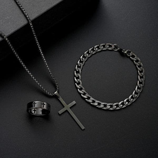 3pcs Set Mens Stainless Steel Metal Cross Pendant Chain Necklace Bracelet Ring Jewelry Set Male Hip Hop Daily Wear Accessories260511