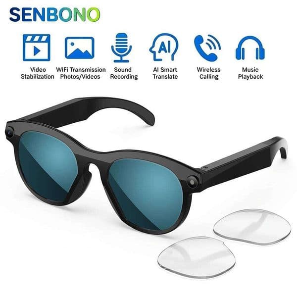 SENBONO Smart Glasses Man With HD Camera AI Voice Translation Wifi+Bluetooth Transmission 2025 New Sunglasses For Woman Men Sunglasses