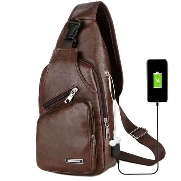 Fashionable Men SimpleChest Casual Solid Color PU Crossbody Bag with USB Charging Zipper Multifunctional For Commuting