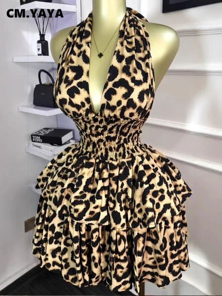 CMYAYA Women Leopard Print Halter Neck Backless Cascading Ruffles Big Swing Ball Gown Mini Dress 2025 Sexy Club Party Dresses 260516