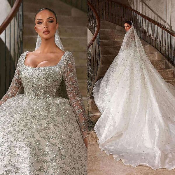 Royal Ball Gown Wedding Dresses With Veil Sequins Lace Bridal Gowns Big Sweep Train Vestidos De Novia Custom Size Colour 0228Lz