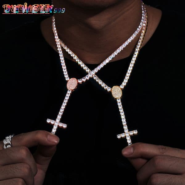New Arrival Fashion Jewelry 5mm Gold Plated S925 Prong Set 5A MoissaniteVVS Moissanite Diamond Cluster Tennis Chain Long Cross Necklace
