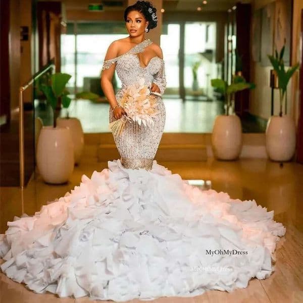 Exquisite Crystal Mermaid Wedding Dresses Vintage One Shoulder Beading Bridal Gowns Custom Made Ruffles Dress Vestido De Novia 0121