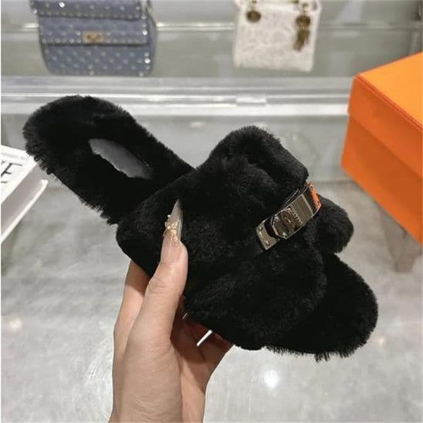 Luxury H designer fuzzy slippers women fur slippers crisscrossing black white fluffy slippers Spring autumn fluffy house Shearling slide plush slippers Sandals
