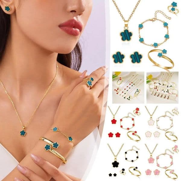 Lucky Five-petal Flower Clover Earrings Necklace Ring Bracelet Four-piece Set for Woman Fashionable Accessories Party Jewelry260512