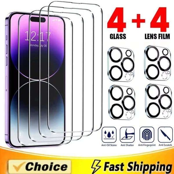 8-in-1 Full Tempered 13 11 12 14 Pro Max 17 Air Screen Protectors for iPhone 15 16 Plus Camera Lens Glass