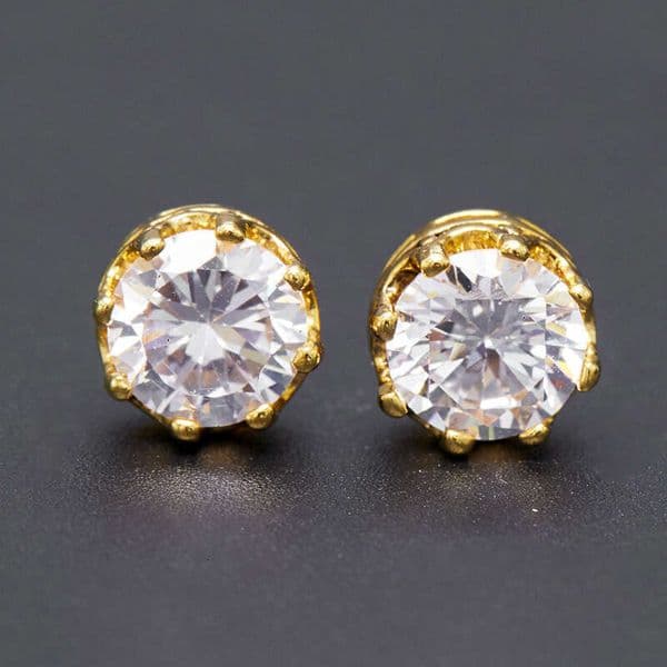Juicy Simple and versatile round crystal zircon zirconia right-angle stud earrings, fashionable single diamond OL commuter unisex trendy gold-plated jewelry