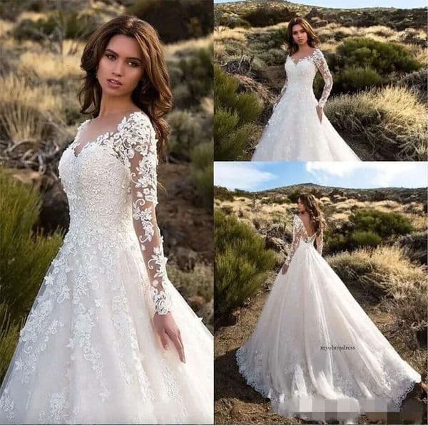Modest Long Sleeves A Line Dresses V Neck Lace Appliqued Sweep Train Plus Size Wedding Bride Gown vestido de novia 0509