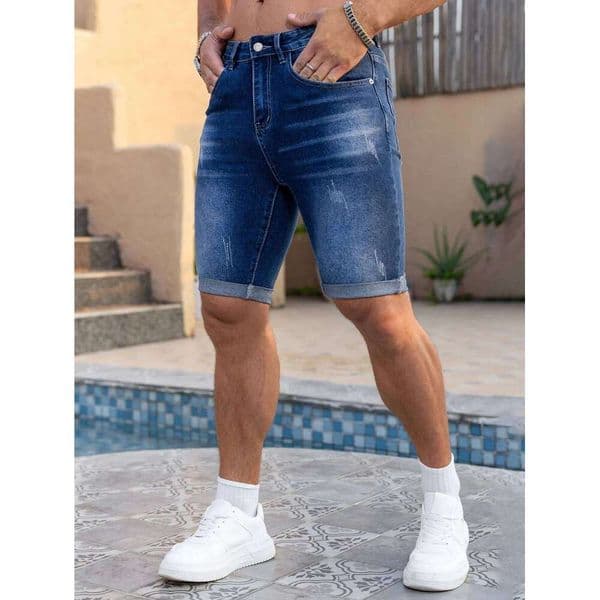 Men Jeans Pants Clothing Trousers Men's Dark Wash Rolled Cuff Casual Denim Shorts 26L0518