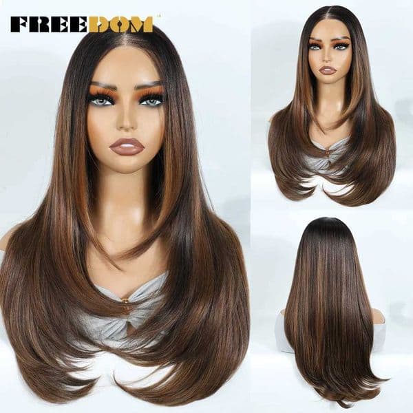 Synthetic Lace Front Wigs For Black Woman Layered Straight Wear and Go Glueless Wigs Ombre Brown T Part 6x4 Pre Plucked Wig C260518