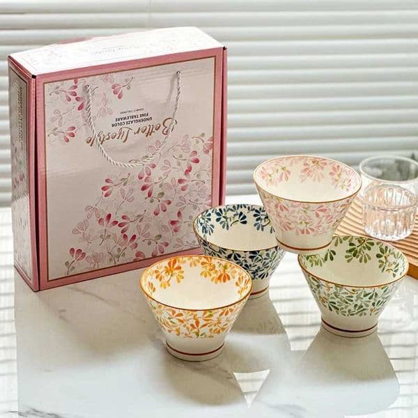 4 Ceramic Hat-shaped Bowl Gift Set Four Seasons Floral Multi-use for Rice/Noodle/Soup/Salad/Fruit Microwave Dishwasher Safe Z260518