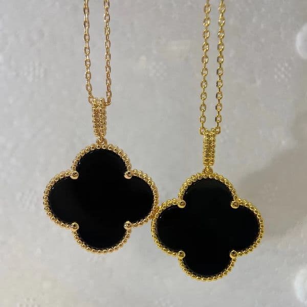Designer Jewelry vanly cleeffs necklace White Mother-of-Pearl Sweater Chain Necklace for Women with Black Agate Pendant and Laser Carved four-leaf clover necklace