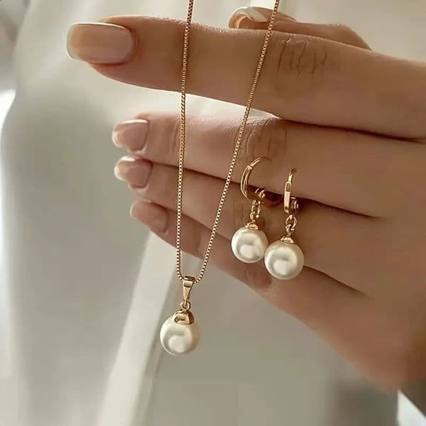 LATS 3 PcsSet Round Pearl Pendant Necklace For Women Exquisite Fashion Double Earring Wedding Jewelry Set Gift 260518