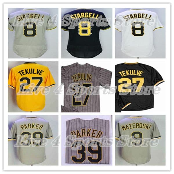 Throwback 8 Willie Stargell Pittsburghs Pirates Baseball Jersey 39 Dave Parker 27 Kent Tekulve 9 Bill Mazeroski Retro Stitched Shirt Yellow Grey Black White