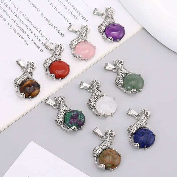 1pc Animal King Leopard Pendant Natural Stone Tiger Eye Amethyst Men's and Women's Charm Jewelry Gift