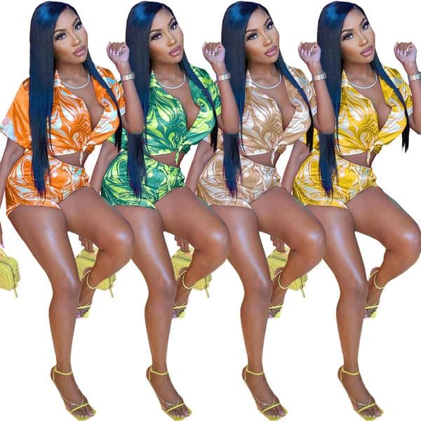 Y1827 Womens Clothing 2022 Summer Stretch Satin Printed Short Shirt Two-Piece Set