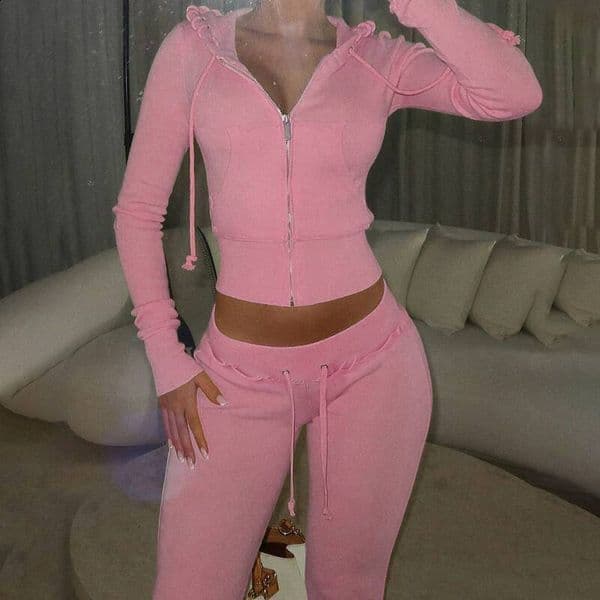 Y2K Sportswear Two Piece Set Casual Pink yellow Fashion Aesthetic Yoga Suit Short Waist Slim Hoodie Casual Sports Pants 251230