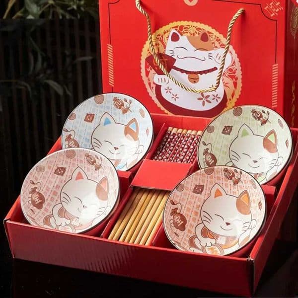 Chinese personality creative lucky cat blue and white porcelain bowl set opening activities tableware gift boxLX122801 Z260518