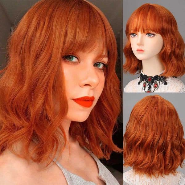 Fashionable orange synthetic wig female short curly hair wavy liu sea ripple cosplay party daily wear wig full head cover C260518