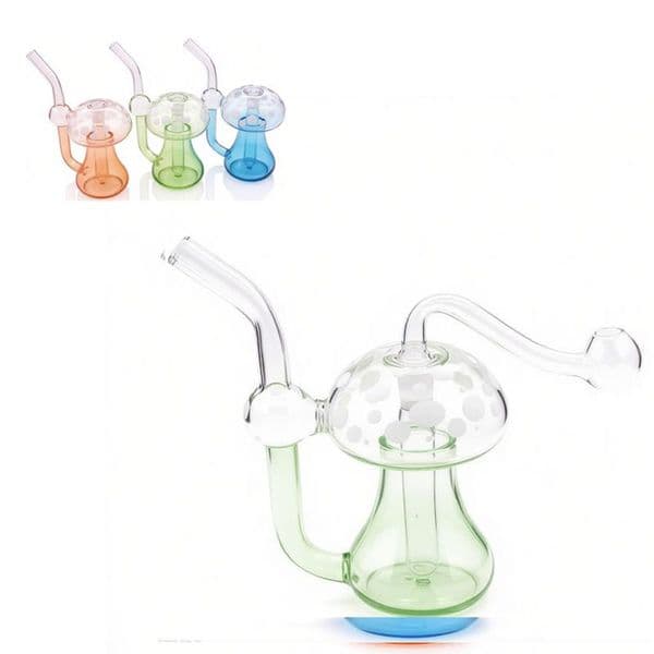 Wholesale Mushroom Shape Glass Oil Burner Bubbler Pipe Mini Glow In The Dark MINI Water Bongs Pipes Hookah Bubblers with silicone hose and 10mm male banger bowl