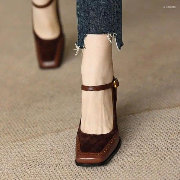 Dress Shoes For Women Brown Square Toe Leather Casual High Heels Woman Pumps Fashion Spring Vacation 2026 Trend Korean Style Footwear