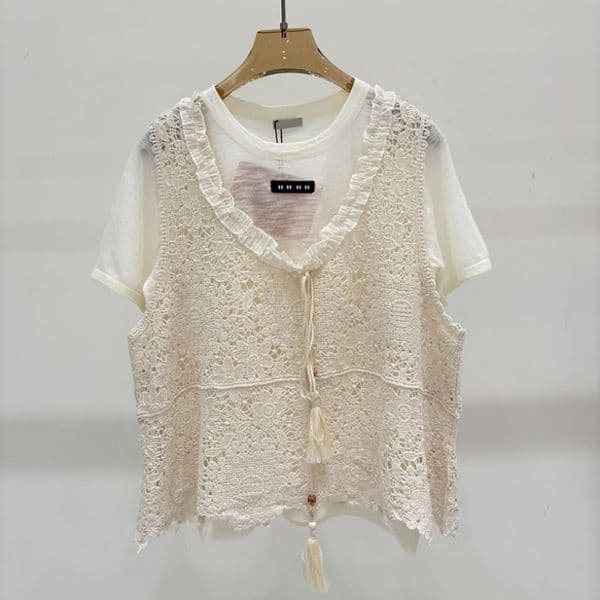Fake 2 Piece Knitwear Women Elegant Hollow Knitted T Shirts Designer Summer Casual Knitted Tees