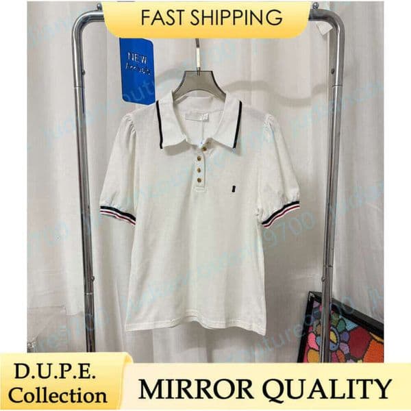 Polo Shirt Designer Clothes Women White Pique Knit Puff Short Sleeve Contrast Tipped Collar Tricolor Cuff Trim Embroidered Brand Logo Minimalist Preppy Style Tops