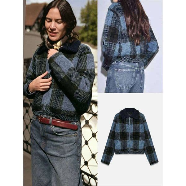 Fall New Arrival Women's Fashionable Knitted Long Sleeve Zipper Plaid Coat Commute Style Regular Fit Single Piece Ladies Oute...