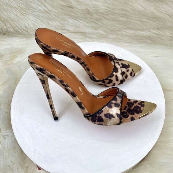 Women Border Of New European American Summer Leopard Print Velvet Pointed Toe Stiletto High Heeled Fashion Sandals And Slip On Shoes
