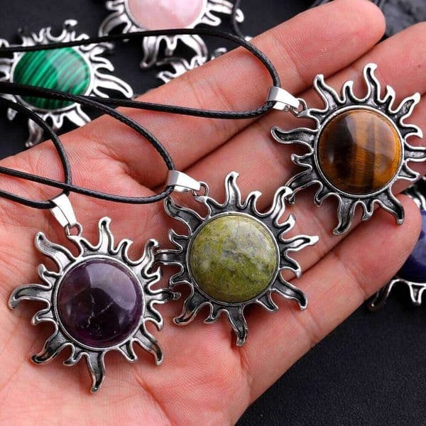 Fashion Natural Gem Stone Quartz Crystal Tiger-eye Plated Silver Alloy Pendant Jewelry Making Accessories Sun Necklace Gift