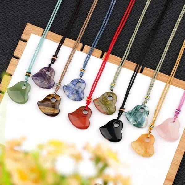 1pc Natural Stone Heart Shape Pendant Adjustable Rope Necklace Green Aventurine Topaz Amethyst Jewelry Gifts