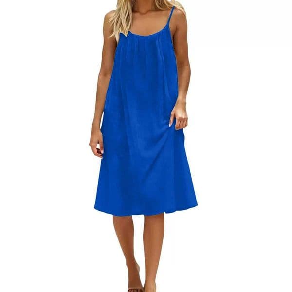 Summer Women Spaghetti Strap Dress Solid Color Loose Casual Midi Dress Sleeveless A-Line Beach Sundress C260518