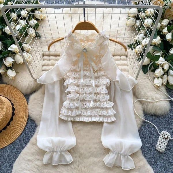 Women's Blouses 2026 French Long-sleeved Blouse Women Lace Spliced Summer Shirt Expose-shoulder Sexy Bow Ruffled Tops Elastic-chest Short