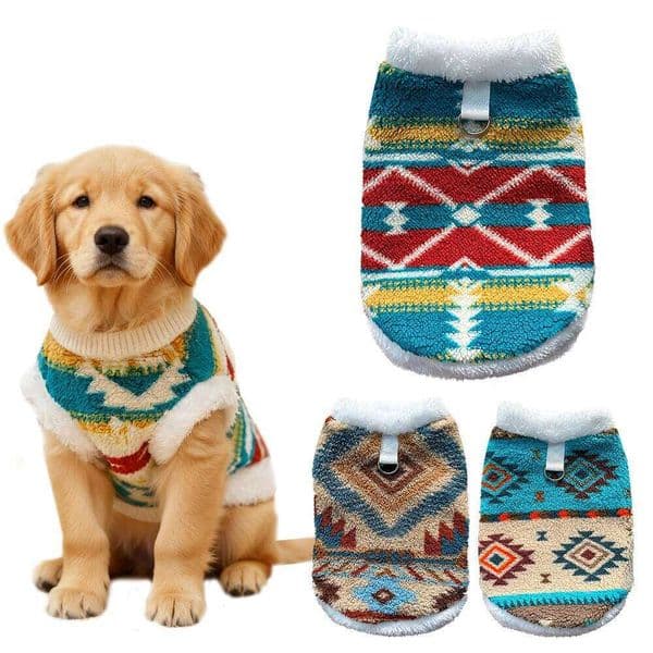 Fair Isle Dog Cat Vest - Winter Warm Plush Sleeveless Jacket, Nordic Knit Pattern Pet Coat, Cozy Fleece Lined Puppy Kitten Appar W260518