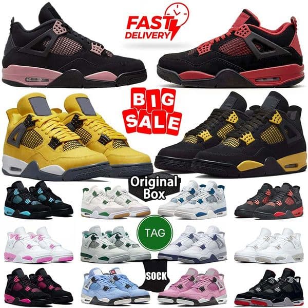 with BOX 4 Men 4s Basketball Desinger Shoes Black Cat 2026 University Women White Pure Money Pink Thunder Oreo Military Blue Sneakers