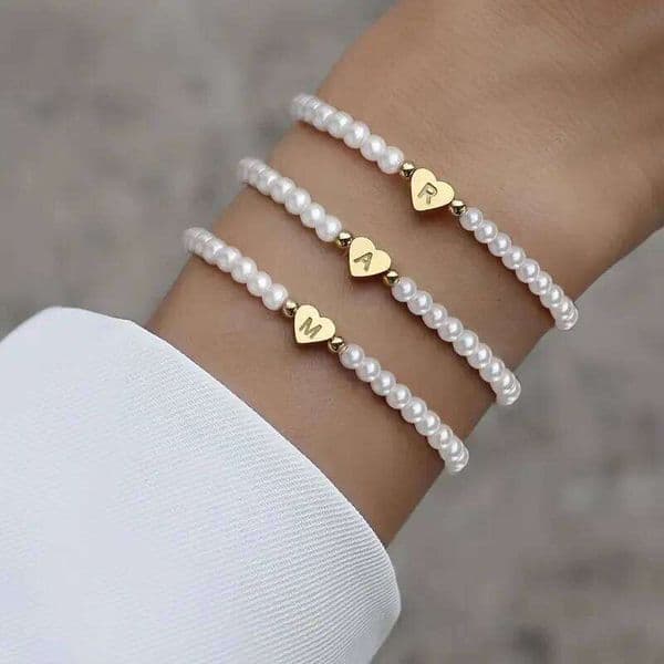 26 Letters Initial For Faux Fashion Women link Wristband Jewelry gift Pearl Bracelet A-Z