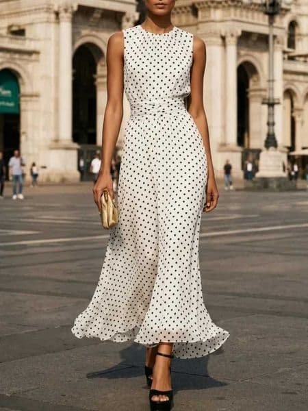 Sleeveless Polka Dot Chiffon Maxi Dress with Ruffle Hem and Flowing A Line Silhouette for Summer Parties C260518