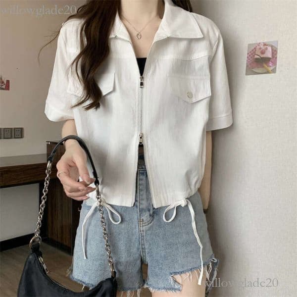 New style straight-shoulder polo collar double-zipper workwear short-sleeve shirt, summer women's American-style short turn-down collar jacket top bfe